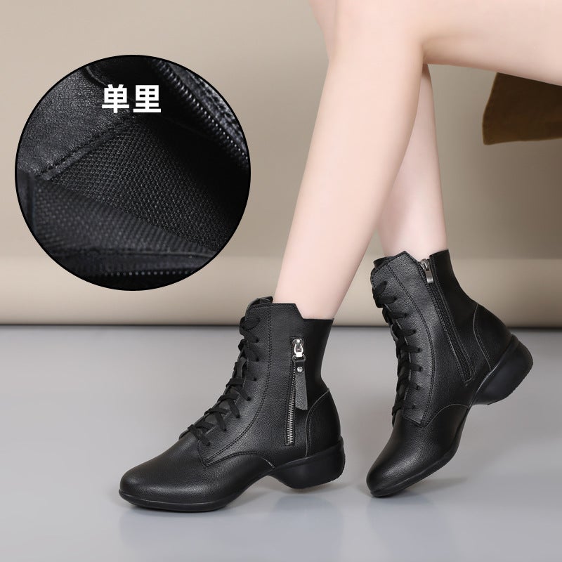 Generic Autumn and winter fleece-lined warm sailor dance short boots outdoor wear soft-soled dance shoes for middle-aged and elderly performance square dance boots Black-single style