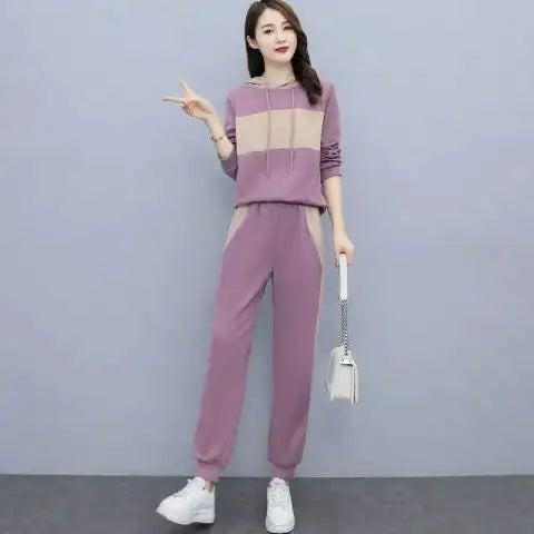 Cross-Border spring and autumn hooded two-piece set womens stitching sportswear 2023 new womens casual fashion plus size suit Lotus root color 