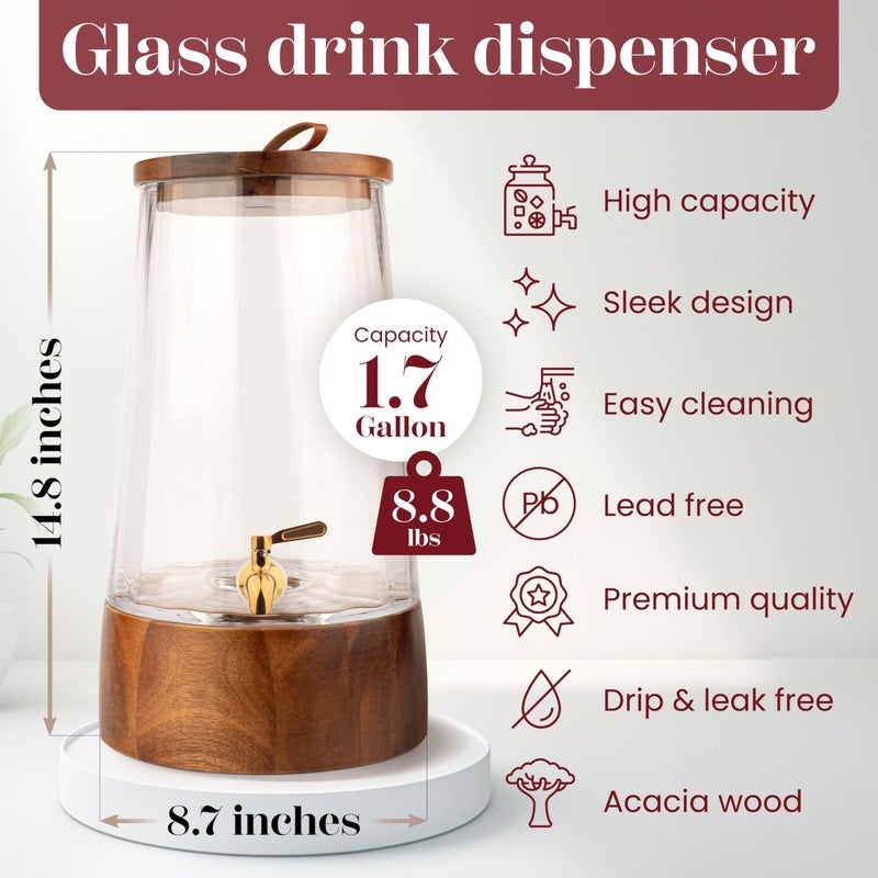 FOODLE Large Glass Drink Dispenser with Spigot - Glass Beverage Dispenser with Stand - Perfect for Parties & Weddings - Pitcher for Lemonade, Water, Sangria, Punch & Juice - Leakproof - 1.72 Gallon - Image 3