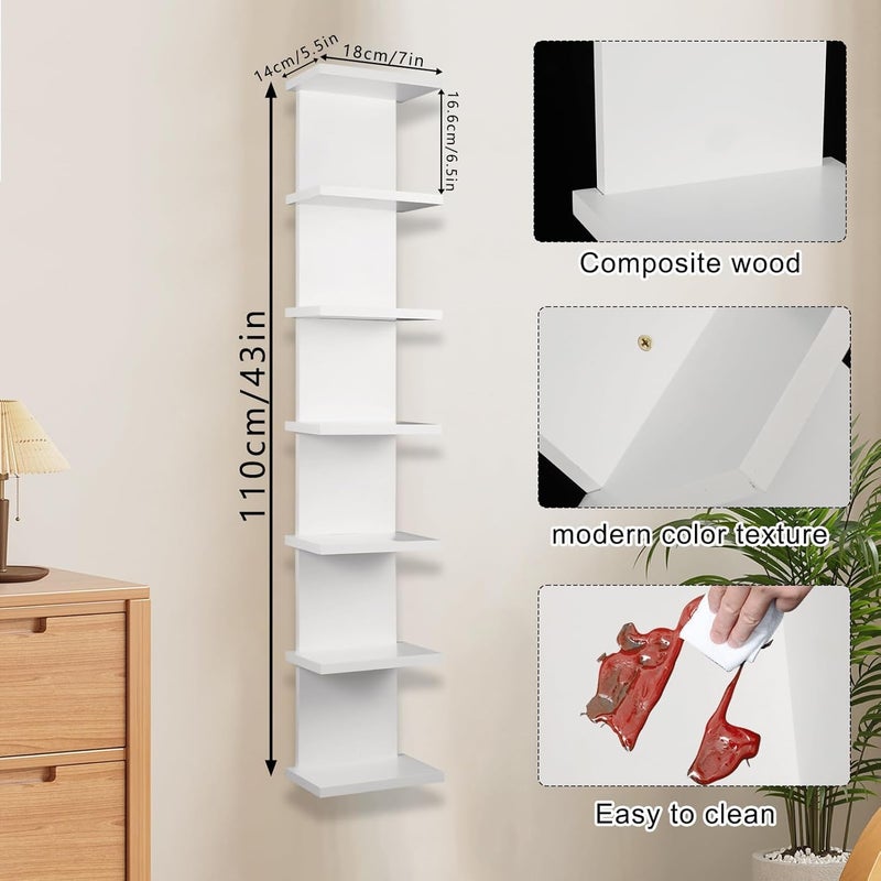 WAKCCIL 2 Pack 7 Tier Wall Shelf Unit, 43" Lack Floating Shelf | Wall Vertical Column Design,Compact Display Floating Shelf | Space Saving Organizer for Bedroom, Living Room, White Home Decor - Image 2