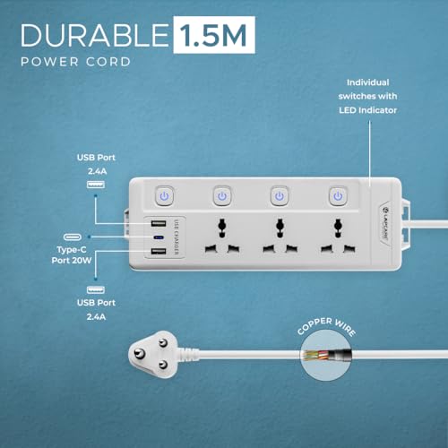 Lapcare Smart Surge Protector with Individual Switch, 250 Volts Extension Board, 3AC Socket 2500W, PD 20w & 2xUSB, 1.5M Copper Cord, Overload Protection, Safety Shutter, Durable PP Body - Image 3
