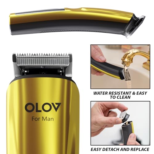 OLOV For Man مقص لحية، مجموعة أدوات العناية بالرجال 21 قطعة ومقص شعر، ماكينة حلاقة كهربائية قابلة لإعادة الشحن بدون سلك للحية، الوجه، الأنف، مقص الشعر، ذهبية - Image 5