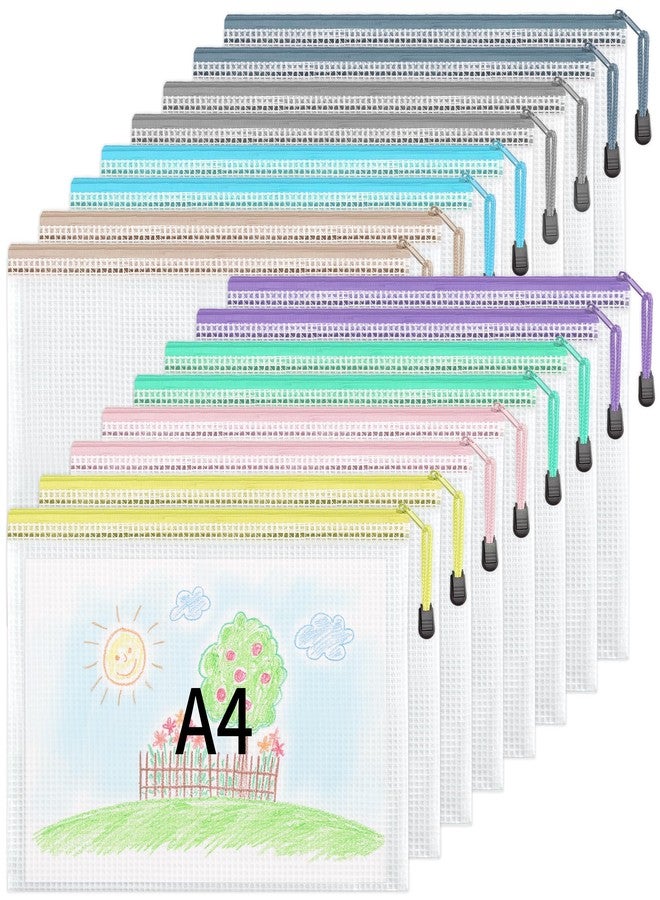 JARLINK 16pcs Mesh Zipper Pouches, A4/Letter Size Waterproof Zipper Bags, 8 Colors, Multipurpose Plastic Document Pouch for School Supplies, Office Supplies, Travel Storage, Puzzles Organize - Image 1