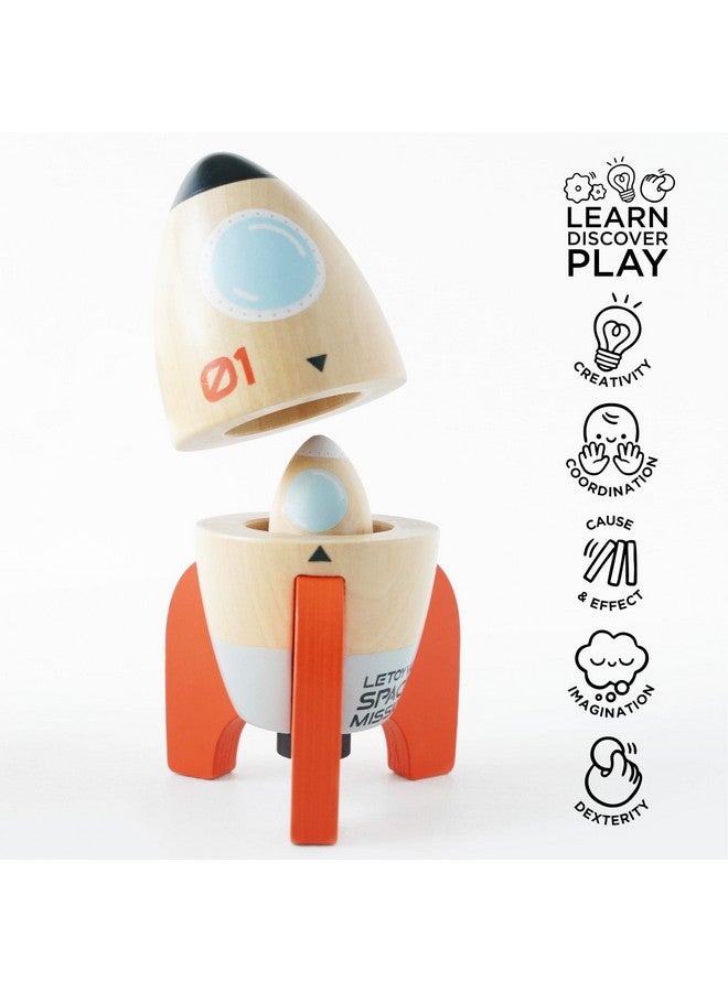 لي توي فان لعبة صاروخ الفضاء الخشبي الثنائي من لي توي فان، خالية من البلاستيك مع صاروخ صغير مخفي، مناسبة للأطفال من عمر 24 شهرًا فما فوق، للبنات والأولاد - Image 2