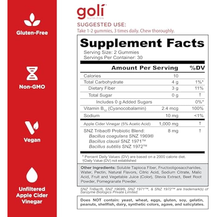 Goli Zero Sugar Apple Cider Vinegar Gummies - ACV with Vitamin B12 and Probiotics - No Sugar Alcohols - Vegan, Keto-Friendly, Gluten-Free - Image 5