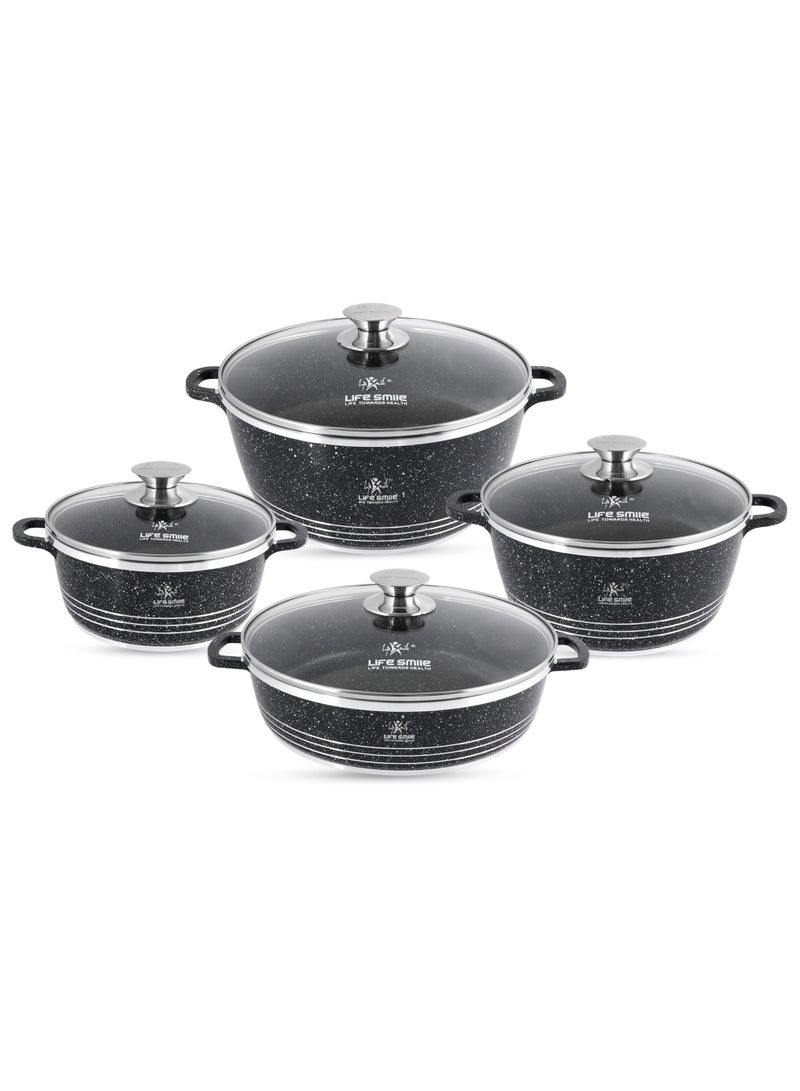 Life Smile 8-Piece Nonstick Granite Cookware Set – Cookwares with Stainless Steel Rim ,Oven-Safe Casseroles Set includes Soup Pot (20cm, 24cm,28cm) with Lid & 28cm Shallow Pot with Lid - Image 1
