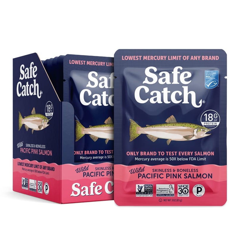Safe Catch Wild Pacific Pink Salmon Skinless Boneless Wild-Caught Salmon Fish Pouch, Mercury Tested, Kosher, 12-Pack Salmon Pouches 3oz Packets - Image 1
