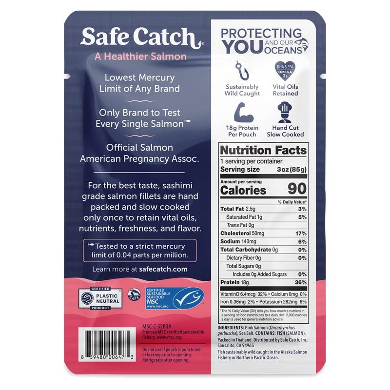 Safe Catch Wild Pacific Pink Salmon Skinless Boneless Wild-Caught Salmon Fish Pouch, Mercury Tested, Kosher, 12-Pack Salmon Pouches 3oz Packets - Image 3