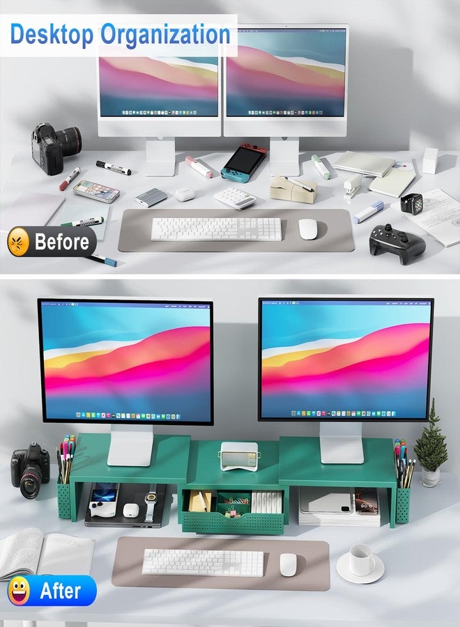 gianotter Dual Monitor Stand Riser, Desk Organizer With Drawer and 2 Pen Holders, Desk Accessories & Workspace Organizers, Monitor Stand for Desk, Office Decor Essentials (Green) - Image 2