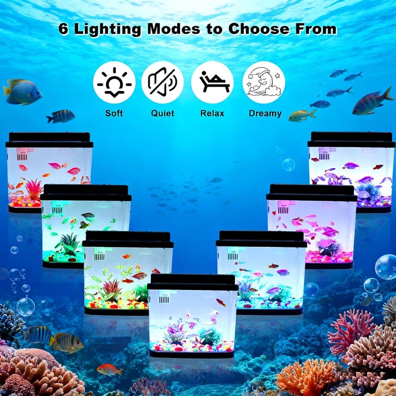 Toycol حوض أسماك صغير مع مصابيح LED قابلة للتعديل بـ 6 ألوان، وظيفة ثلاثية للترشيح والأكسجين ودوران المياه، ملصق محيطي DIY، هدية ممتازة للأطفال والبالغين - Image 2