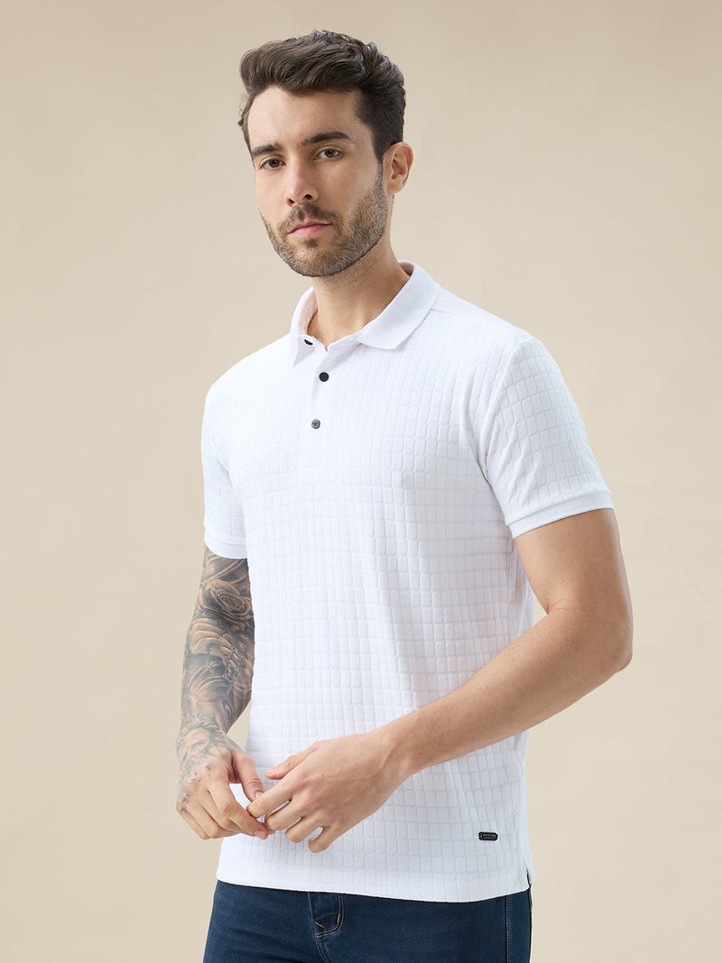 STATUS QUO Textured Regular Fit White Polo T-shirt - Image 2