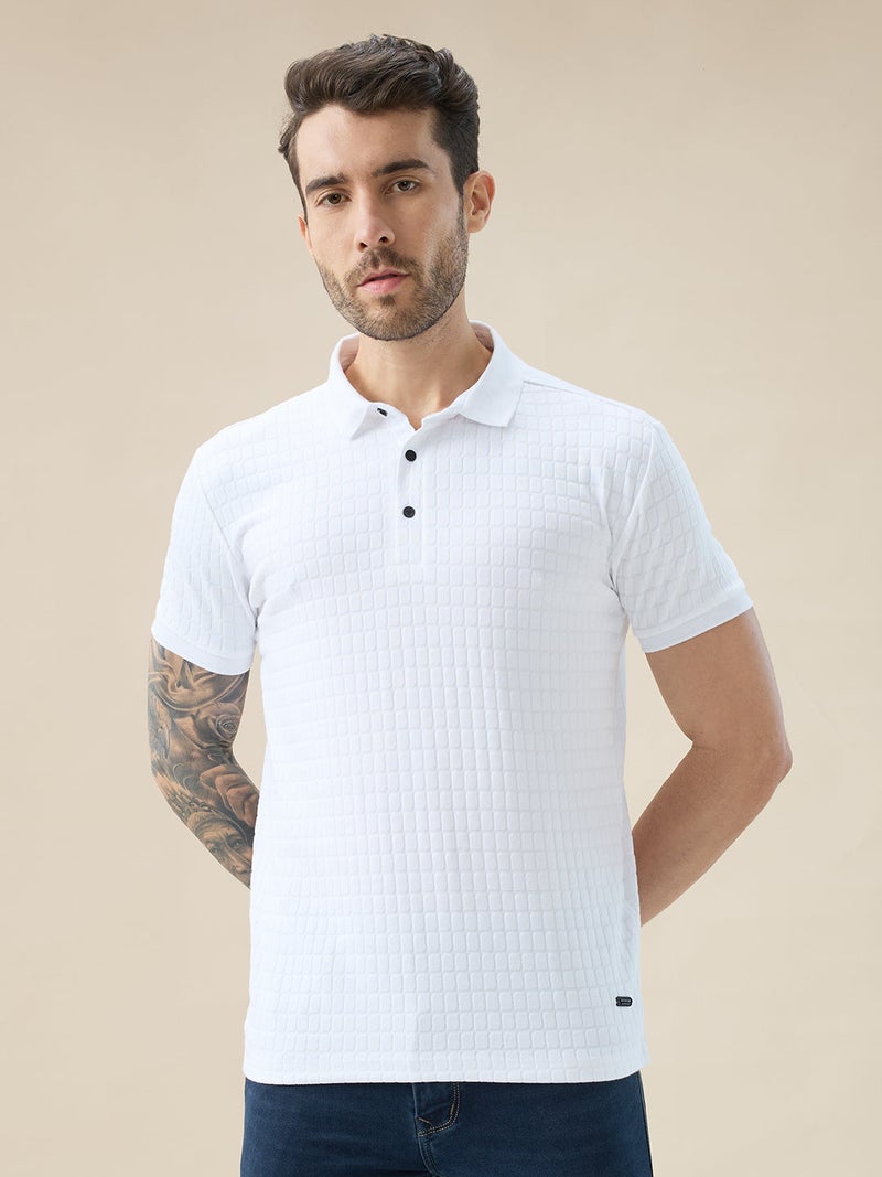 STATUS QUO Textured Regular Fit White Polo T-shirt - Image 1