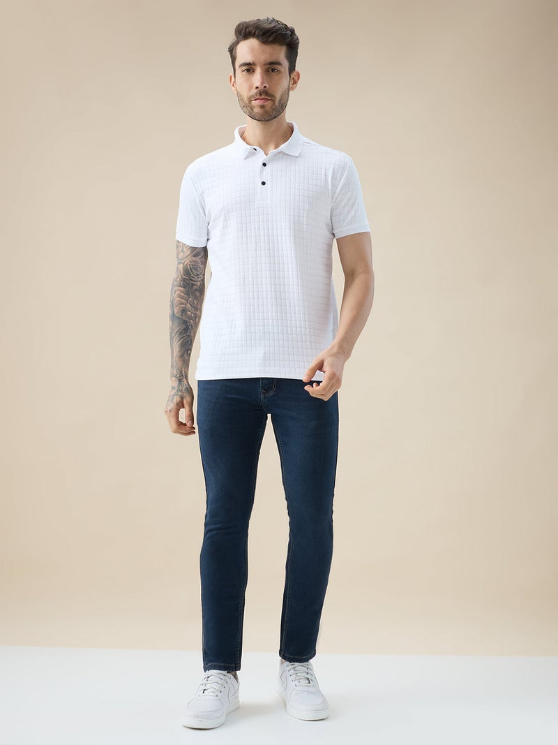 STATUS QUO Textured Regular Fit White Polo T-shirt - Image 5