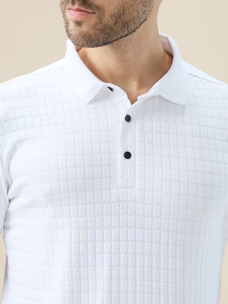 STATUS QUO Textured Regular Fit White Polo T-shirt - Image 4