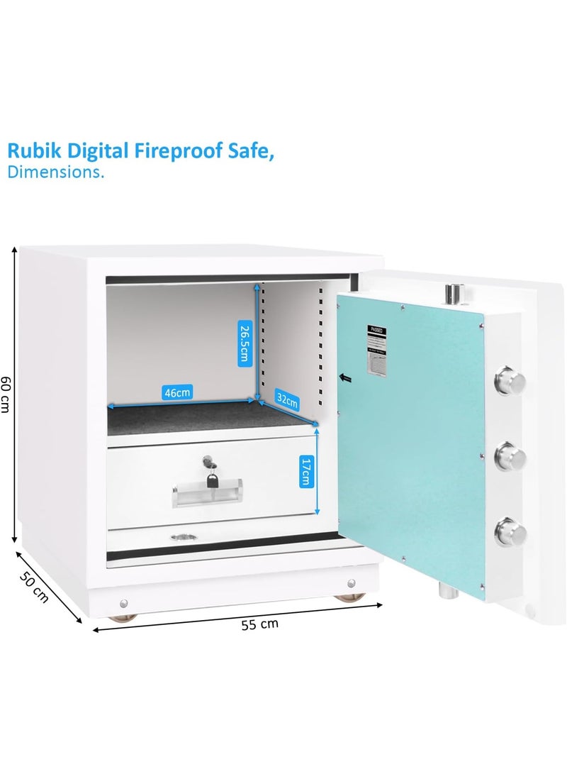Rubik Fireproof Safe Box 120kg, Digital & Key Lock Operated, 2 Hours Fire Rated Safety Locker (60x55x50 cm) RBAS60 White - Image 2