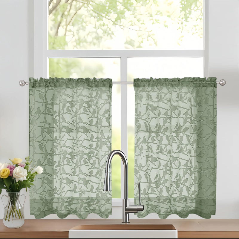 OVZME Textured Sage Green Kitchen Sheer Curtains 36 inch Length 2 Panels Set, Elegant Farmhouse Short Tier Curtains for Small Windows/Bathroom/Cafe/Living Room, Dual Rod Pocket, W30 x L36 Inch - Image 1