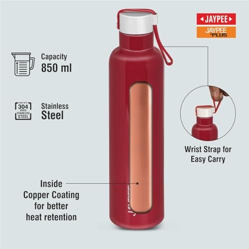 Jaypee Plus Tango ISI Certified Vacuum Insulated Thermosteel 900 ml Water Bottle 24 Hours Hot and Cold for School, Office, Home, Gym|Double Wall Anti Skid Leakproof Flask with Carrying Loop,Cherry - Image 4