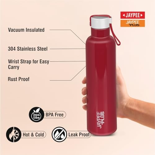 Jaypee Plus Tango ISI Certified Vacuum Insulated Thermosteel 900 ml Water Bottle 24 Hours Hot and Cold for School, Office, Home, Gym|Double Wall Anti Skid Leakproof Flask with Carrying Loop,Cherry - Image 5