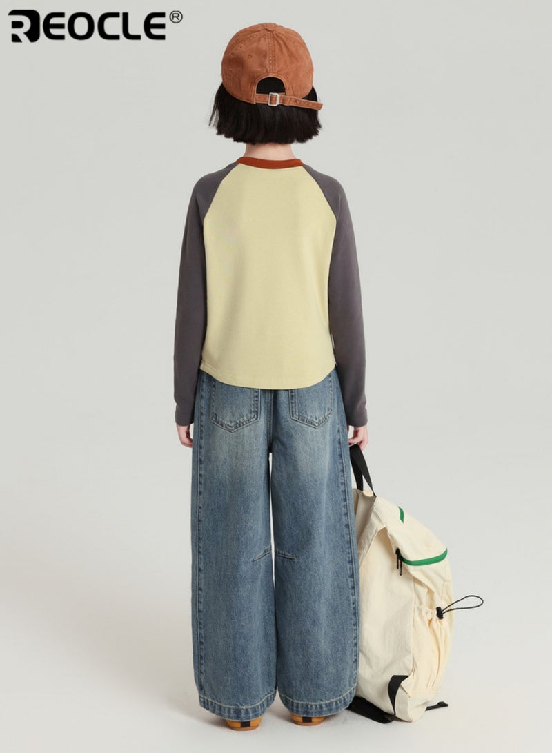 REOCLE Kids' Long Sleeve Raglan T-shirt Retro Color Block Crew Neck Cotton Shirt for Children Comfortable Casual Top with Contrast Sleeves - Image 5