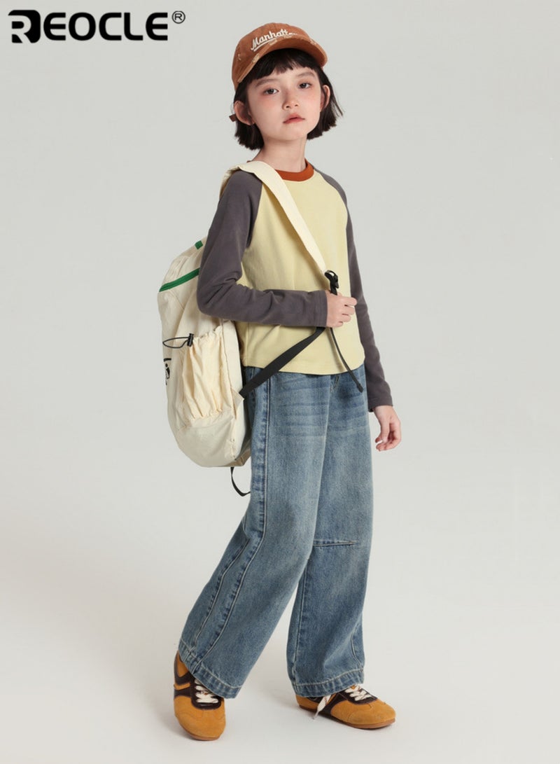 REOCLE Kids' Long Sleeve Raglan T-shirt Retro Color Block Crew Neck Cotton Shirt for Children Comfortable Casual Top with Contrast Sleeves - Image 4