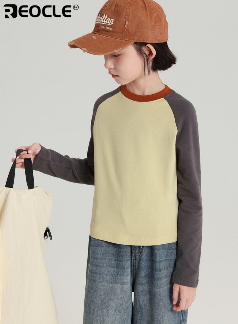 REOCLE Kids' Long Sleeve Raglan T-shirt Retro Color Block Crew Neck Cotton Shirt for Children Comfortable Casual Top with Contrast Sleeves - Image 2