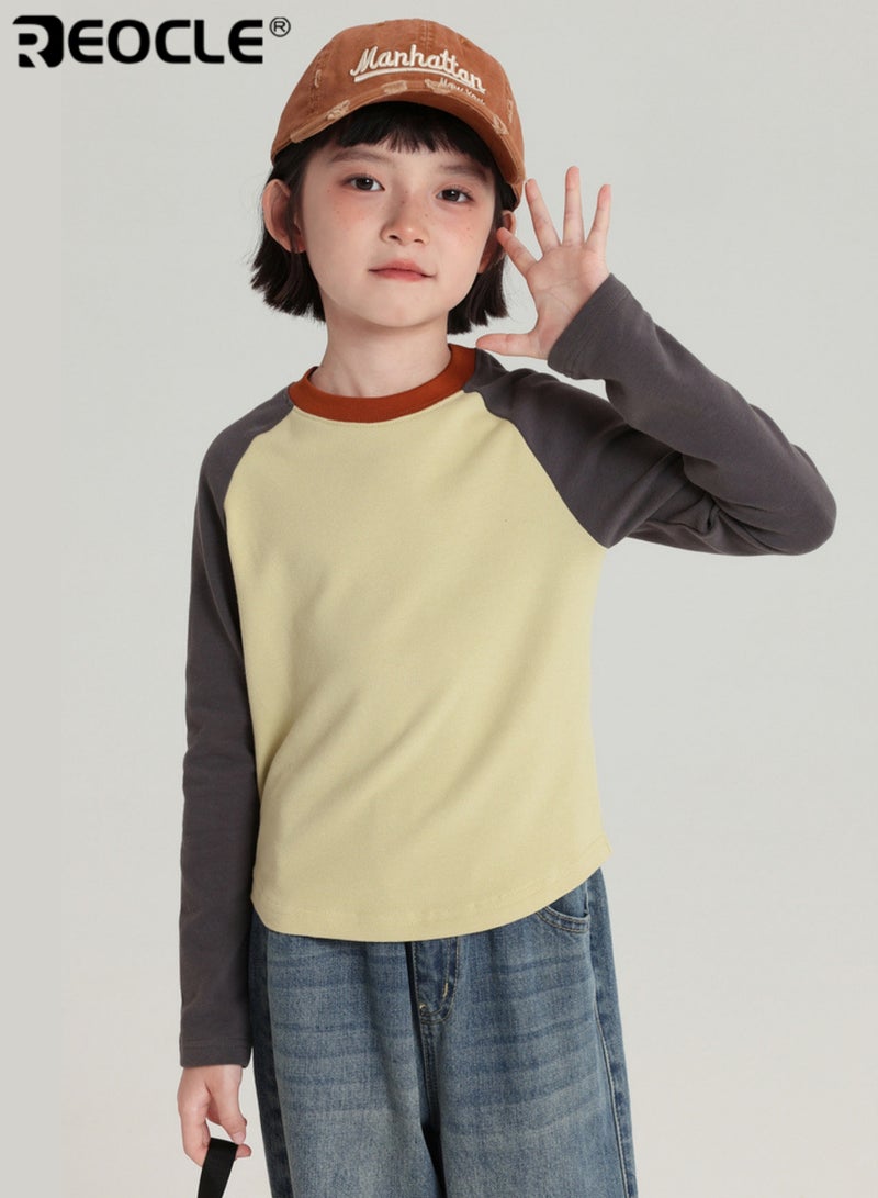 REOCLE Kids' Long Sleeve Raglan T-shirt Retro Color Block Crew Neck Cotton Shirt for Children Comfortable Casual Top with Contrast Sleeves - Image 2