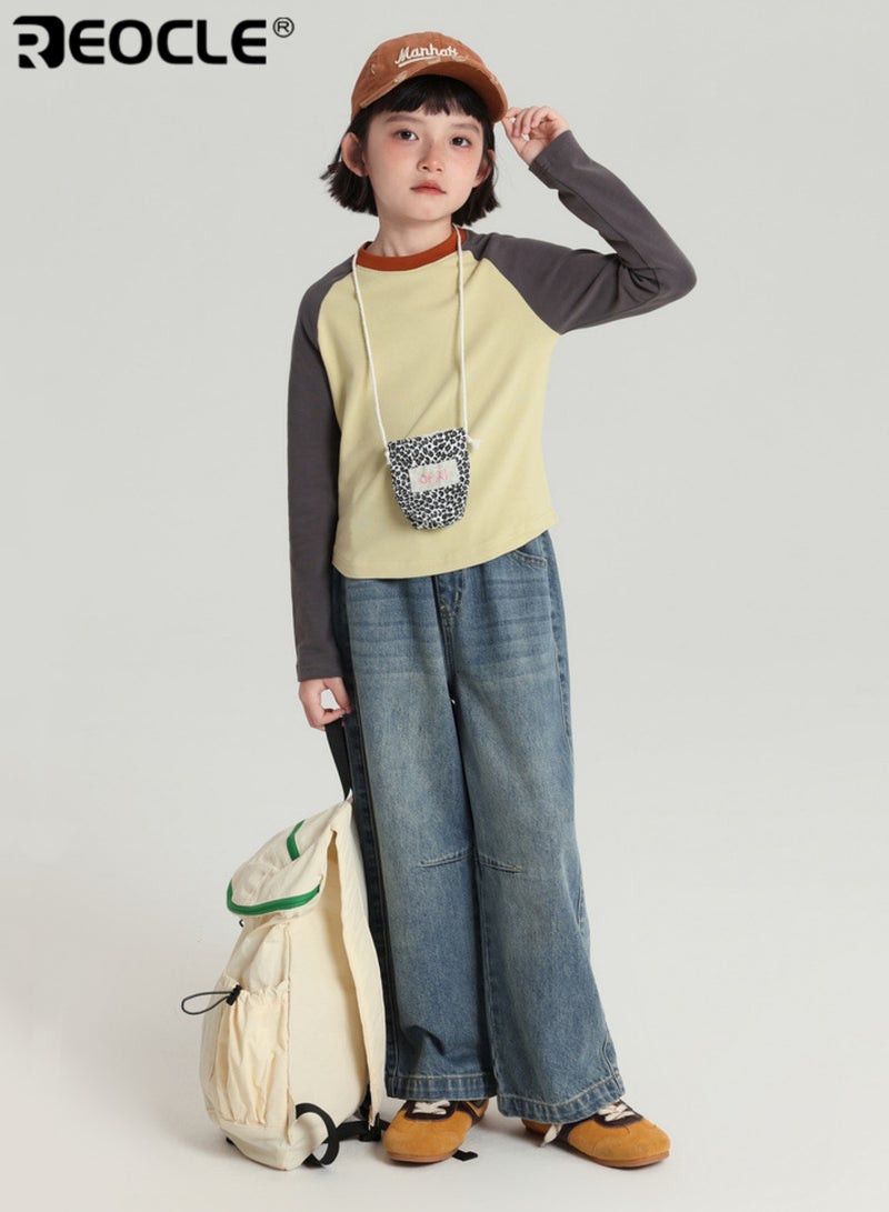 REOCLE Kids' Long Sleeve Raglan T-shirt Retro Color Block Crew Neck Cotton Shirt for Children Comfortable Casual Top with Contrast Sleeves - Image 1