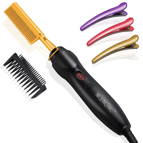 NICEMOVIC Ceramic Heating Hair Straightener Comb - Hot Pressing Brush for Natural Black Hair, Beard Wigs, and Curling (Gold) - Image 1