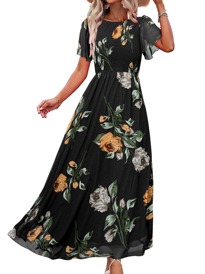 Simplee Apparel Simplee Womens Summer Boho Maxi Dress Floral Short Sleeve Evening Dresses Ruched Flowy Prom Beach Black Wedding Guest Dress(Black M) - Image 1