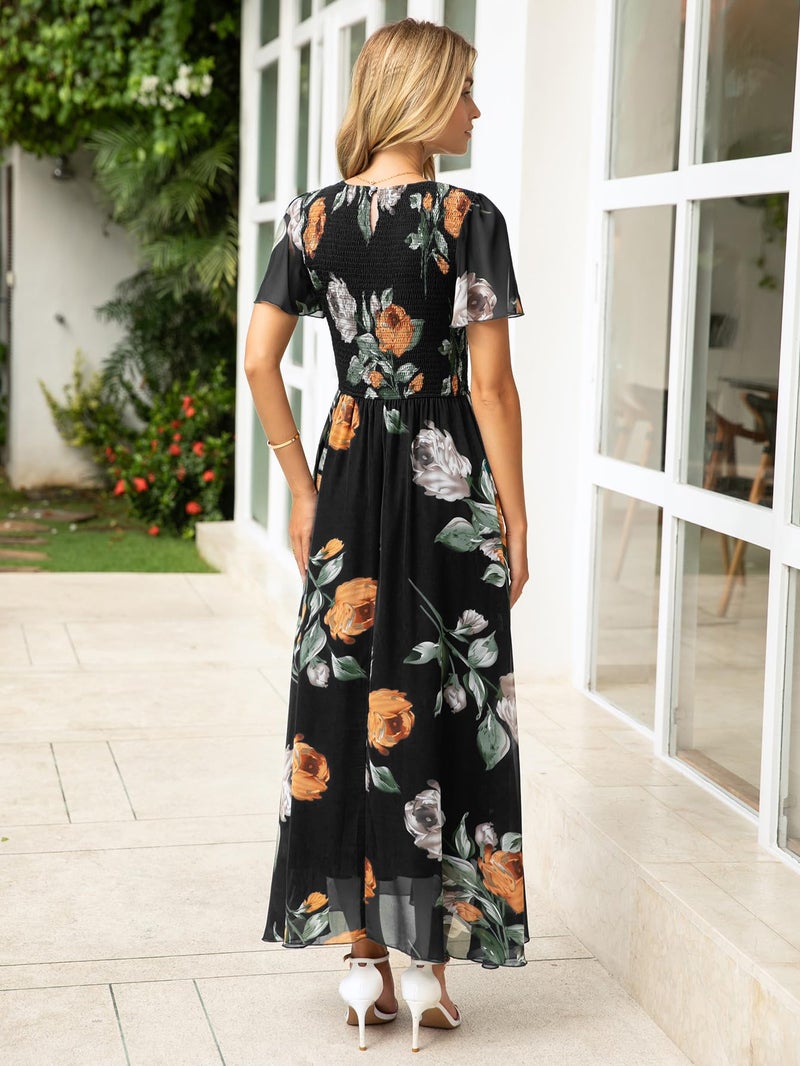 Simplee Apparel Simplee Womens Summer Boho Maxi Dress Floral Short Sleeve Evening Dresses Ruched Flowy Prom Beach Black Wedding Guest Dress(Black M) - Image 5