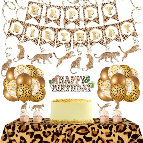 Sumind 15 Pcs Leopard Party Decorations Cheetah Happy Birthday Banner Gold Cheetah Print Balloons Leopard Print Tablecloth for Boy Girl Safari Theme Wild Animal Birthday Party Supplies Decorations - Image 1