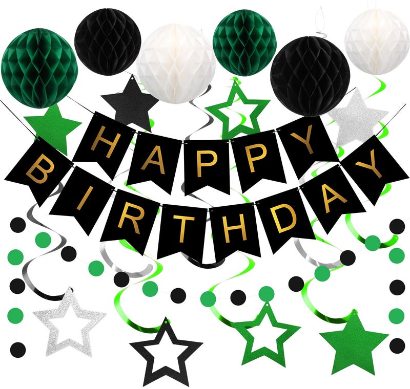 meowtastic Birthday Decorations Happy Birthday Banner with Honeycomb Balls Star Hanging Swirl Streamer Circle Dot Garland Happy Birthday Party Decorations for Women Men Boys Girls Green Black - Image 2