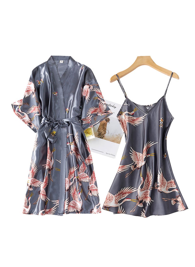 2pcs women's pajamas bathrobe imitation silk suspender crane pajamas - Image 2