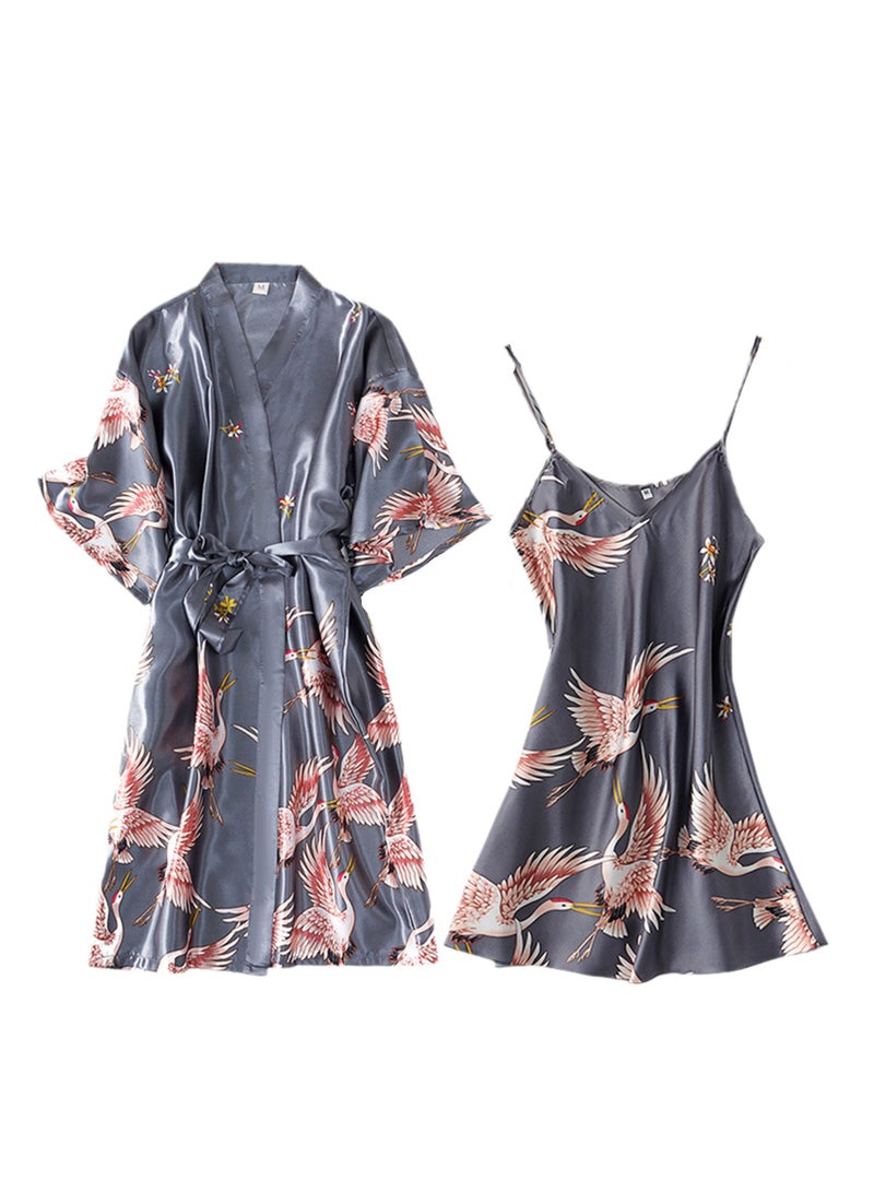 2pcs women's pajamas bathrobe imitation silk suspender crane pajamas - Image 1