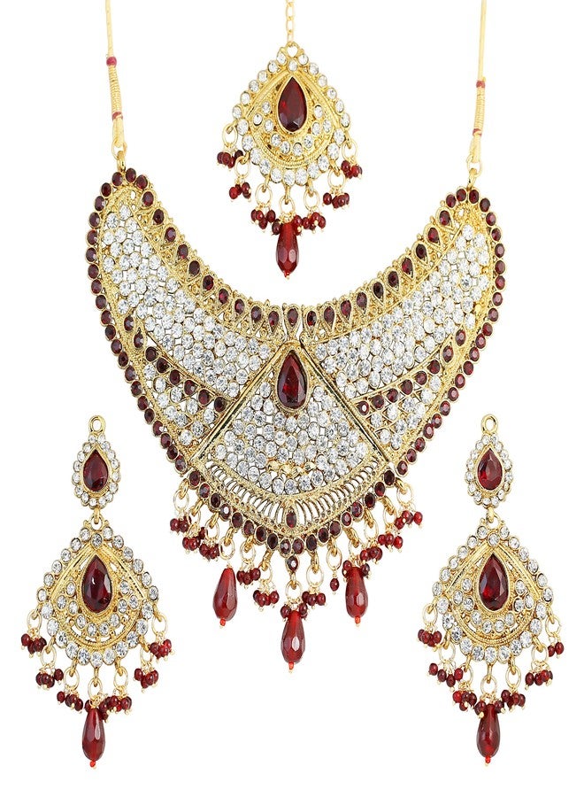 Touchstone Indian Bollywood Faux Ruby-Rhinestones Bridal Jewelry Necklace Set in Antique Gold Tone - Image 1