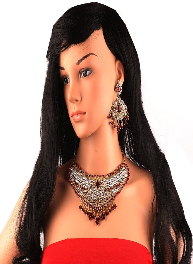 Touchstone Indian Bollywood Faux Ruby-Rhinestones Bridal Jewelry Necklace Set in Antique Gold Tone - Image 3