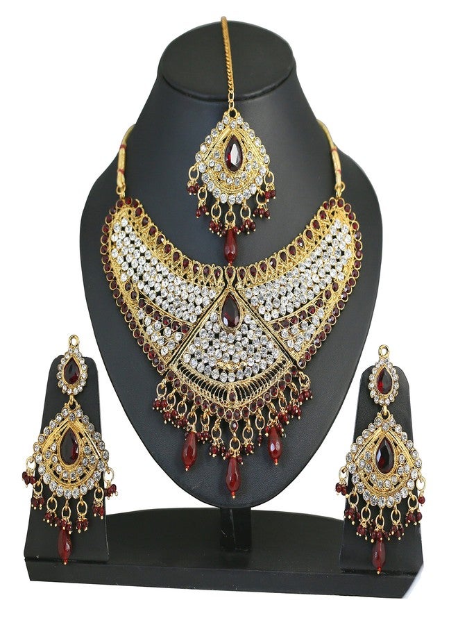 Touchstone Indian Bollywood Faux Ruby-Rhinestones Bridal Jewelry Necklace Set in Antique Gold Tone - Image 2
