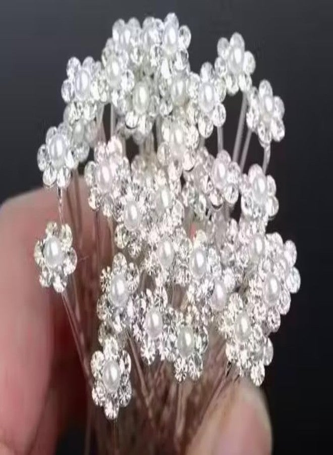 DiBha Pearl & Crystal Bridal Juda Pins for Women | Decorative Flower Hair Pins for Bun & Hairstyle | Wedding, Party & Festive Hair Accessories (Pack of 12, Silver) - Image 1