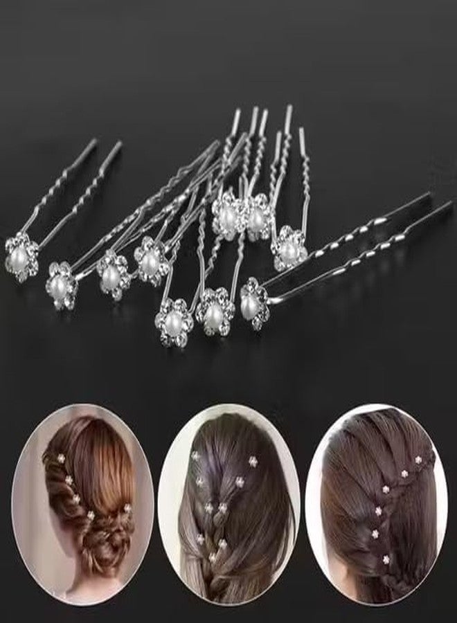 DiBha Pearl & Crystal Bridal Juda Pins for Women | Decorative Flower Hair Pins for Bun & Hairstyle | Wedding, Party & Festive Hair Accessories (Pack of 12, Silver) - Image 2