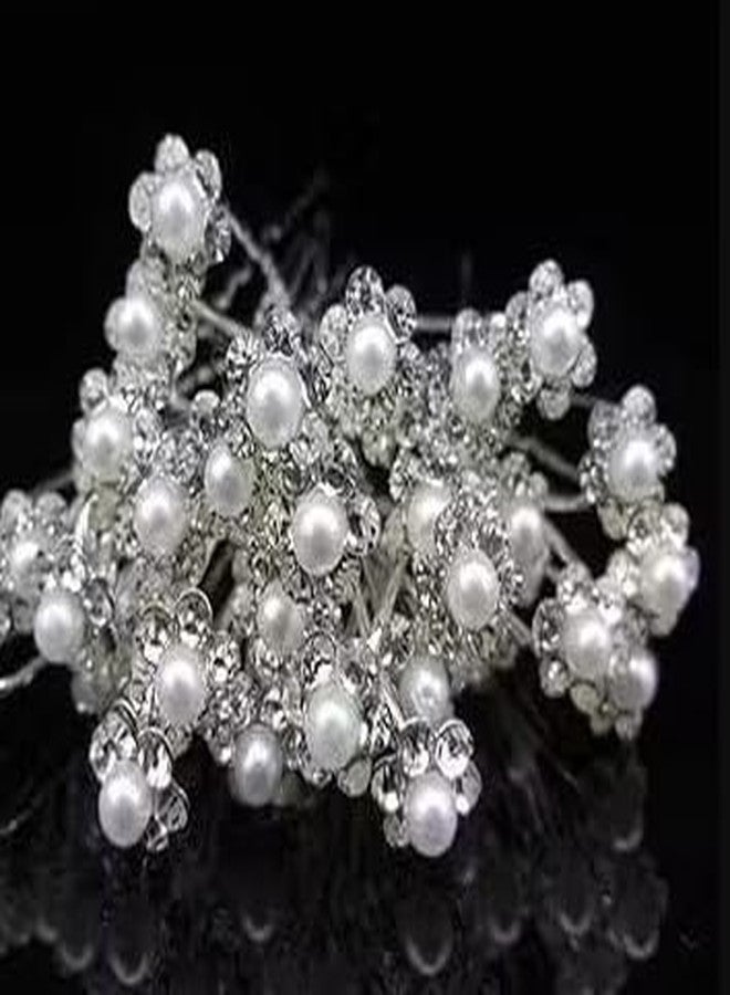 DiBha Pearl & Crystal Bridal Juda Pins for Women | Decorative Flower Hair Pins for Bun & Hairstyle | Wedding, Party & Festive Hair Accessories (Pack of 12, Silver) - Image 3
