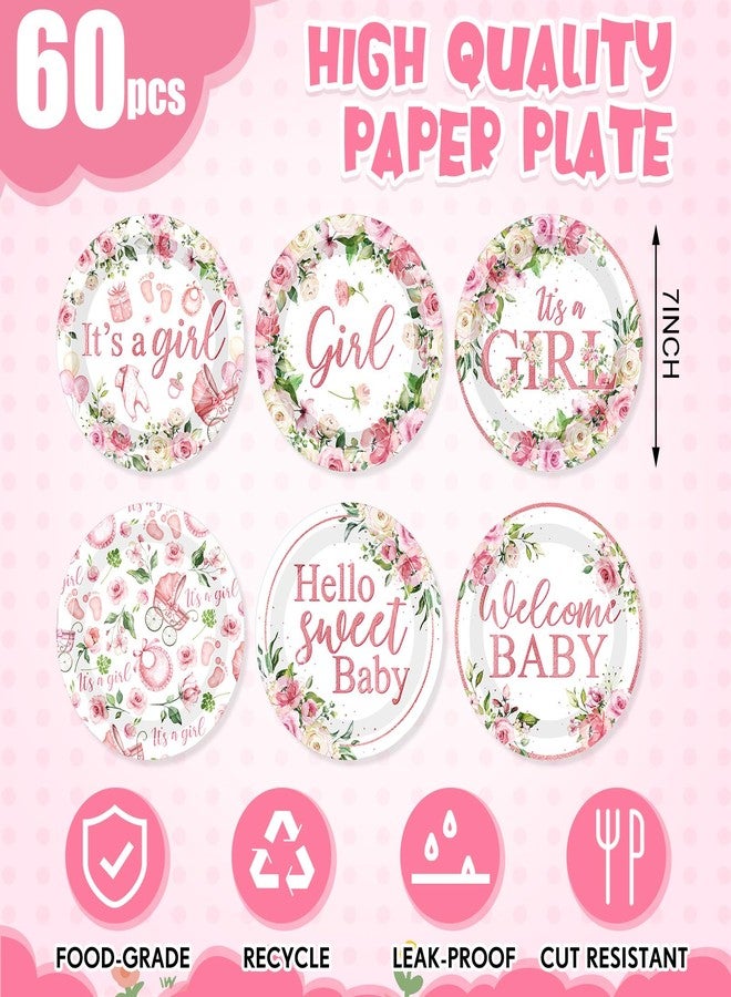 Funnymoom 60 Pcs 7 Inch Baby Shower Paper Plates Girl Pink Floral Baby Shower Plates Decorations Sweet Tableware It's a Girl Party Supplies Favors for Gender Reveal Theme Party - Image 2