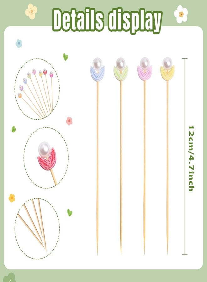 KIGEAPUEL ١٢٠ قطعة من أعواد كوكتيل على شكل زهرة التوليب، بطول ٤.٧ بوصة، مزينة بأزهار اللؤلؤ، مثالية لحفلات عيد الفصح، وحفلات الربيع، وتزيين المقبلات والفواكه والمشروبات. - Image 2