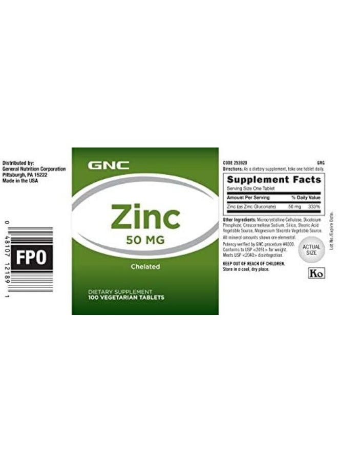 GNC - Zinc 50 Mg 100 Vegetarian Tablets - Image 1