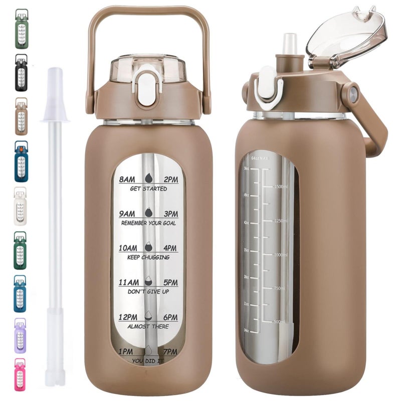 jaexest 64oz Glass Water Bottles with Straw, Half Gallon Motivational Glass Bottle with Silicone Sleeve and Time Marker, 2L Leakproof Large Glass Water Jug for Gym Home Office,Amber - Image 1