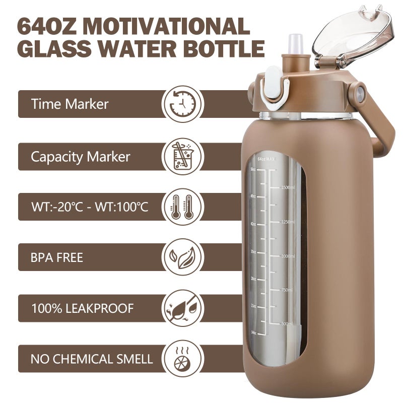 jaexest 64oz Glass Water Bottles with Straw, Half Gallon Motivational Glass Bottle with Silicone Sleeve and Time Marker, 2L Leakproof Large Glass Water Jug for Gym Home Office,Amber - Image 3