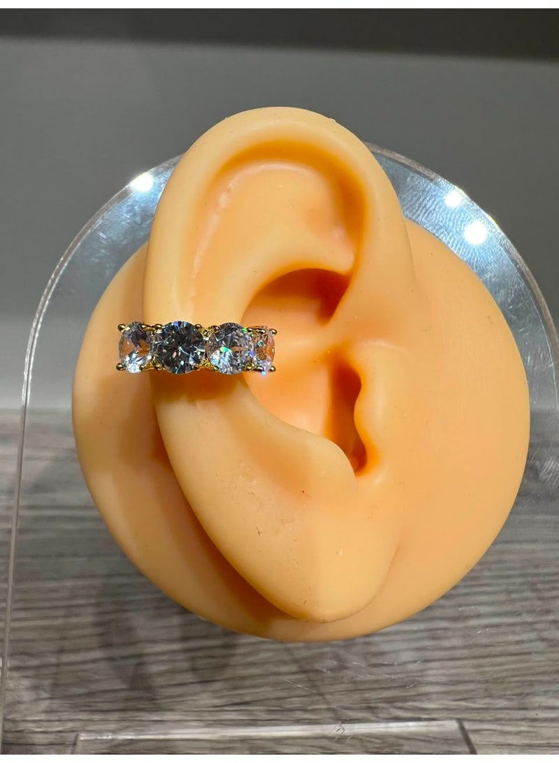 Gold-Plated Ear Cuff with Round-Cut Cubic Zirconia Stones, No Piercing