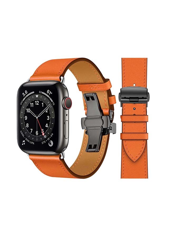 Perfii Genuine Leather Replacement Band with Black Buckle for Apple Watch Series 6/SE/5/4/3/2/1 44/42mm Orange