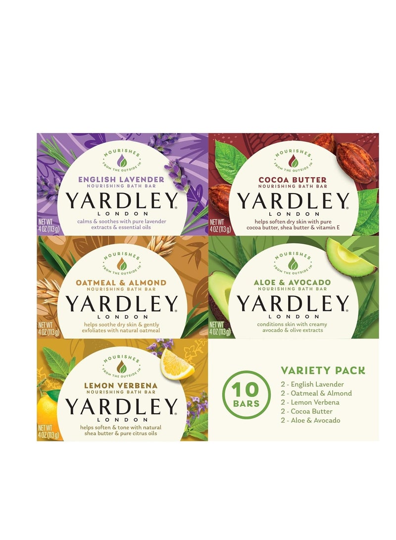 Yardley London Soap Bath Bar Bundle - 10 Bars: English Lavender, Oatmeal and Almond, Aloe and Avocado, Cocoa Butter, Lemon Verbena 4 Ounce Bars (Pack of 10, Two of each) - Image 1