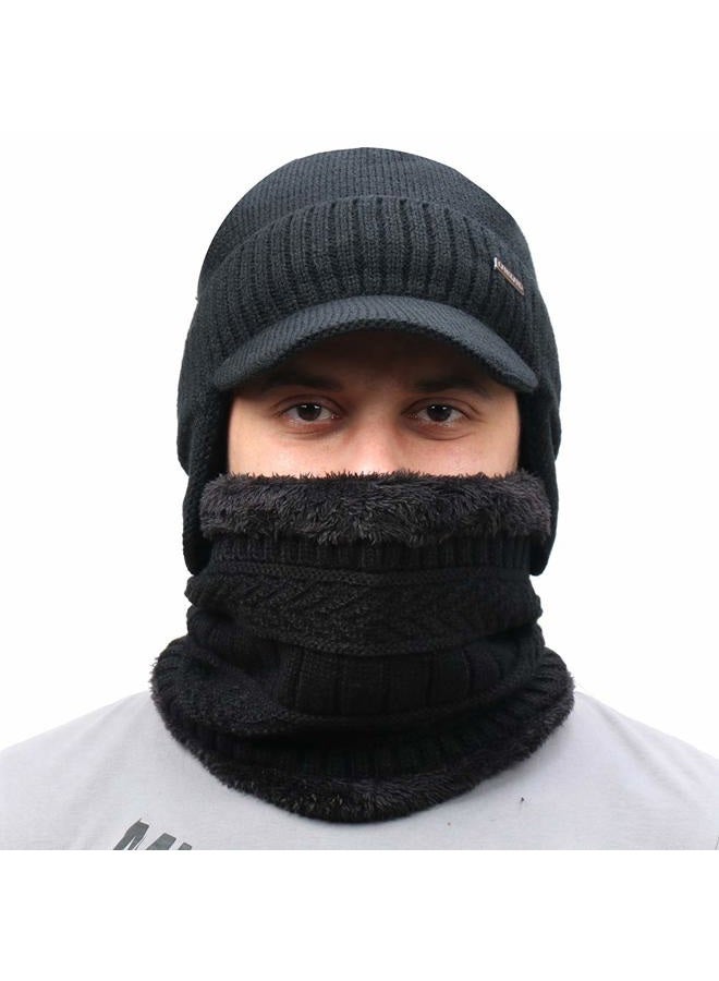 CAMOLAND 30% Wool Winter Beanie w/Visor & Earflaps for Men Outdoor Fleece Hat Scarf Set - Image 2