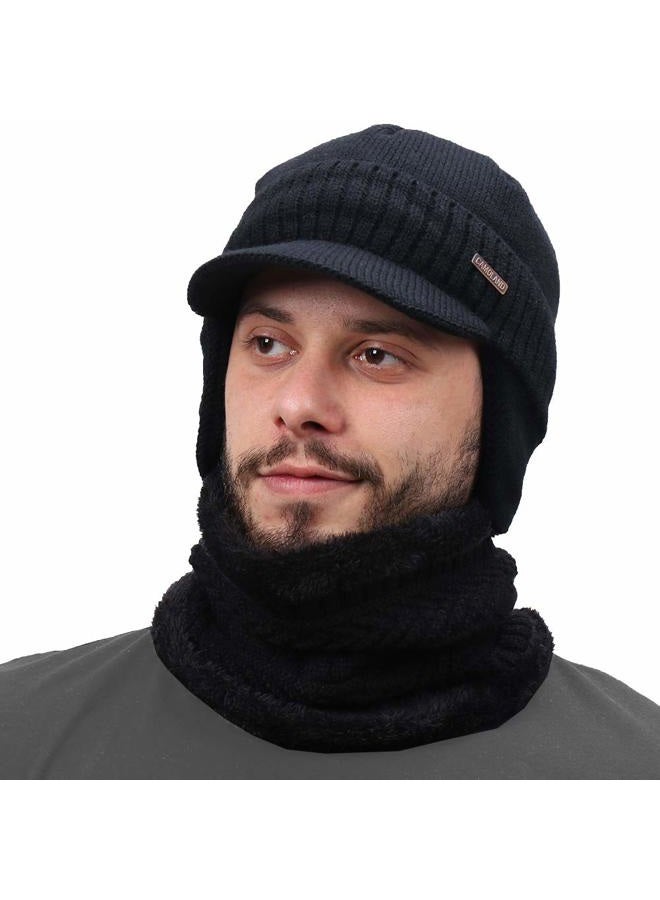 CAMOLAND 30% Wool Winter Beanie w/Visor & Earflaps for Men Outdoor Fleece Hat Scarf Set - Image 1